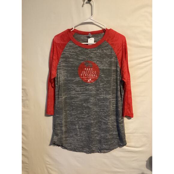 2597 Justice and Mercy Womens Red Logo Baseball Shirt Red/Gray Size Large - Picture 1 of 5
